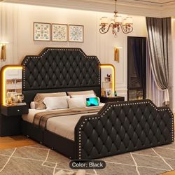 Modern Queen Size Bed Frame with 2 Nightstands with Mirror, 53" Tall Headboard and 4 Storage Drawers, Platform Bed Frame