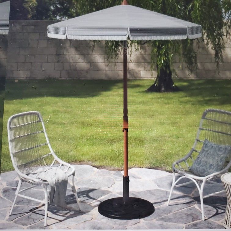 White / Black Stripe w/Fringe Outdoor Umbrella