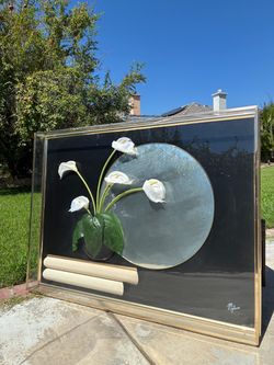 Jon Gilmore 1980s Calla Lillie’s on Black Vase Console With Mirror Lucite Diorama Wall Hanging
