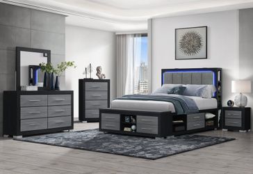 Sleek Style, black/grey finish bedroom set w/ light & USB, Speakers, Storage Drawers/Shelves