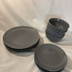 Set of 12 Gray  Simply Essential Porcelain Plates & Bowls 