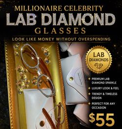 Millionaire Celebrity lab diamond glasses in gold tone. Sparkling lab diamond glitter frames deliver a celebrity style. Lightweight, luxe look for eve