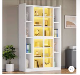 70.9 Inch Bookcase with LED Lights Acrylic Transparent Display Cabinet with Glass Doors Curio Cabine