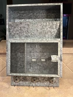 Vintage National Steel Galvanized Mail Slot Key Tool Wall Cabinet w/Mesh Door & Key Hooks