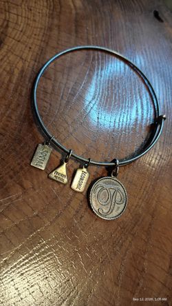 Alex and Ani Letter P Bangle Bracelet Adjustable Brass Back Says Wind & Fire OCG