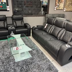 BLACK LEATHER POWER RECLINER SET SOFA LOVESEAT SET WITH SPEAKER SYSTEM 