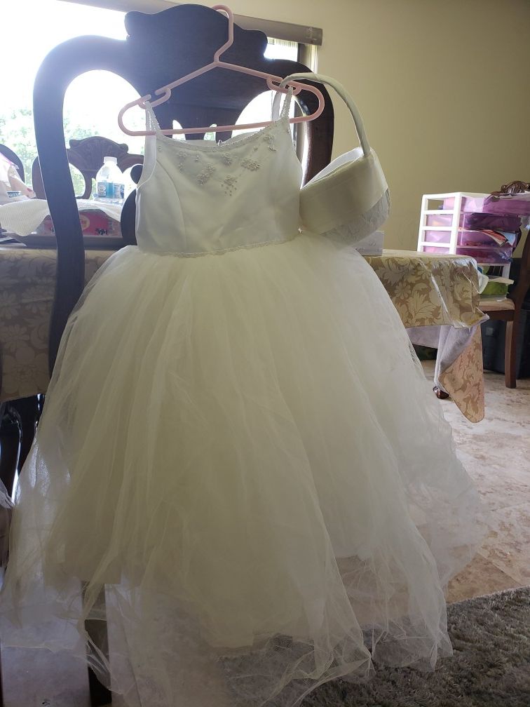 David's bridal flower girl dress with basket and white with purple sash flower girl dress.