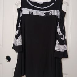 Liquid Knit Jersey NYC NEWSPAPER Tunic Blouse Shirt Top Peekaboo Shoulders Pock