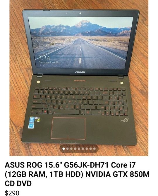 ASUS ROG 15.6" G56JK-DH71 Core i7 (12GB RAM, 1TB HDD) NVIDIA GTX 850M CD DVD