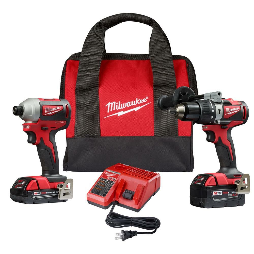 MILWAUKEE M18 18-VOLT LITHIUM-ION BRUSHLESS CORDLESS HAMMER DRILL/IMPACT COMBO KIT (2-TOOL) WITH 2 BATTERIES, CHARGER AND BAG