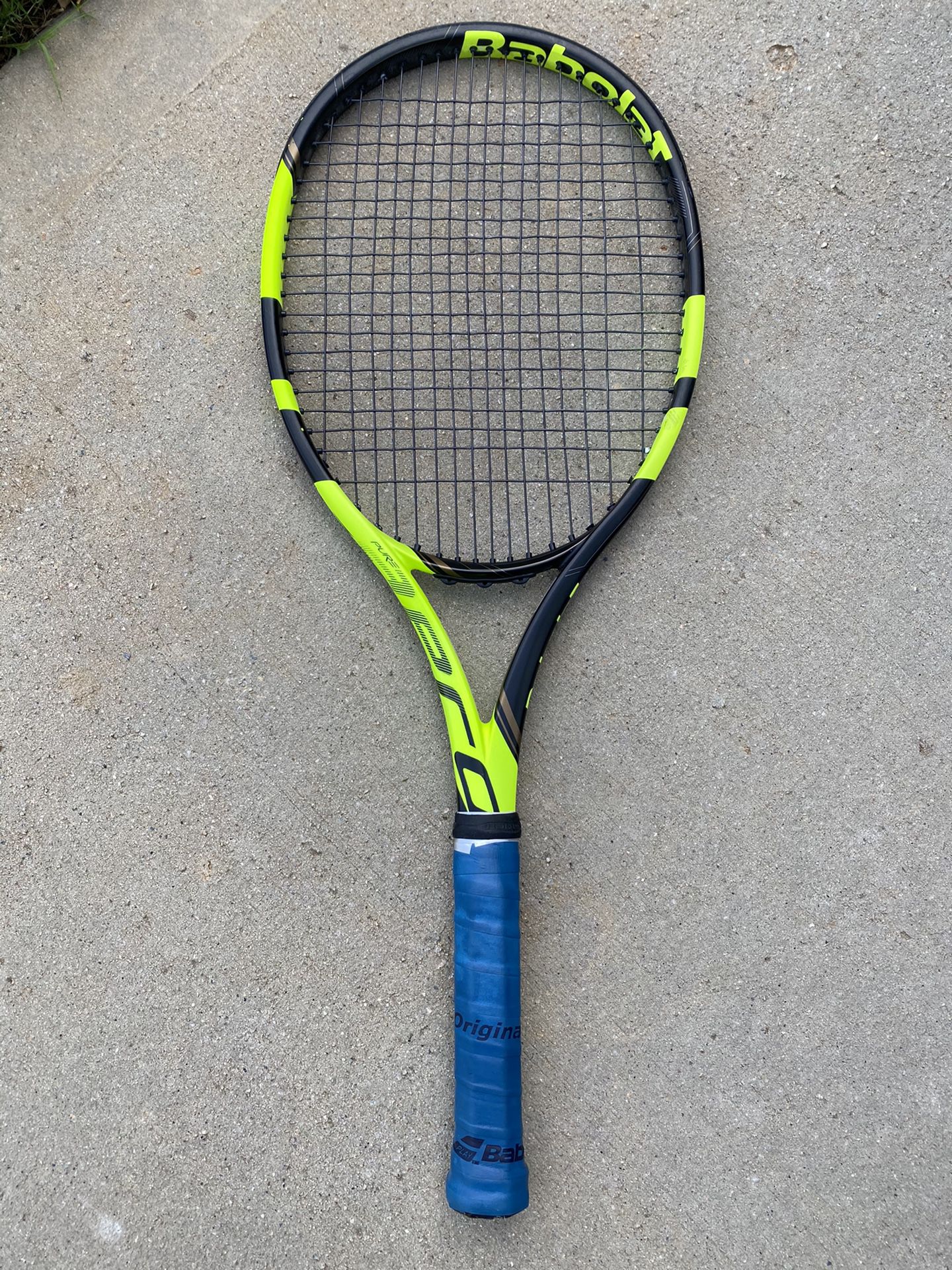 Babolat Aero Pure 4 3/8 grip size, weight 11.3 oz. RPM Blast strings @ 55 tension (new strings)