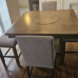 Living Spaces Hyland Brown Grey Square Wood 48" Wide Kitchen Counter Height Table With Lazy Susan + Stool Set For 4 | Shelves | Storage