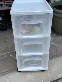 Homz 3-drawer plastic rolling cart features a white frame and clear drawers for easy visibility.