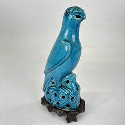 Antique 19th Century Chinese Export Turquoise Glazed Figure of Parrot 11”