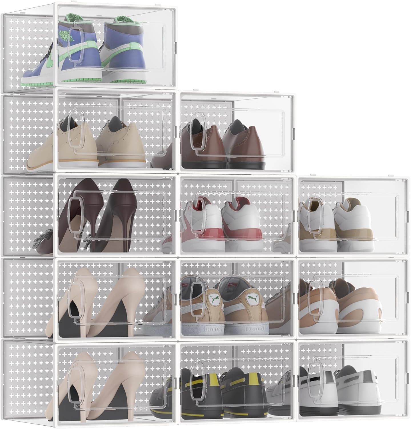 12 Pack Large Shoe Storage Box Organizer for Closet, Versatile Clear Plastic Stackable Sneaker Shoe Rack