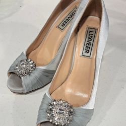 Silver Satin Heels Size 8.5