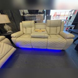 Premium Off-White Leather Home Theater Loveseat – Dual Power Recliner with Bluetooth Speakers & LED Lighting