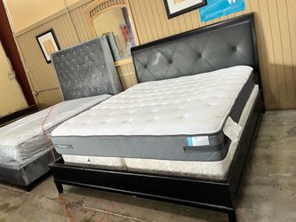 King Bed Frame with Tufted Headboard and Mattress