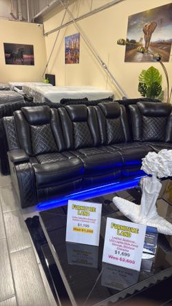 Sectional with LED light black leather with storage and wireless charging