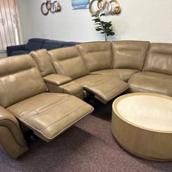 Furniture- 5 Pc 100% Real Leather Sectional With 3 Power Recliners- Lenardo 