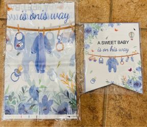 New Baby Shower Boy Decor Plastic Tablecloth & Banner $5