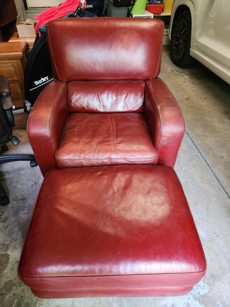 Bassett Red Leather Chair w/ Ottoman