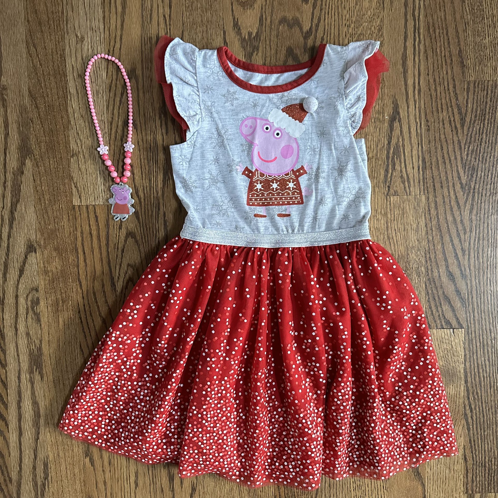 Size 5 Girls Peppa Pig Holiday Dress And Necklace