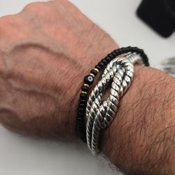 925 Sterling Silver Thailand Braided Rope Cable Cuff Bracelet 11.8g