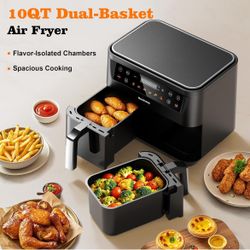 HoninJoy 10 QT Dual Basket Air Fryer Oven, 10-in-1 Air Fryer with Digital Touchscreen and Viewing Window, Sync Cook to Bake, Roast, Broil, Nonstick an