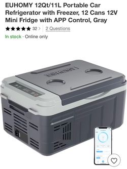 EUHOMY 12Qt/11L Portable Car Refrigerator with Freezer, 12 Cans 12V Mini Fridge with APP Control, Gray