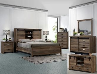 Brand new rustic wood grain finished queen bed frame + dresser + mirror + nightstand