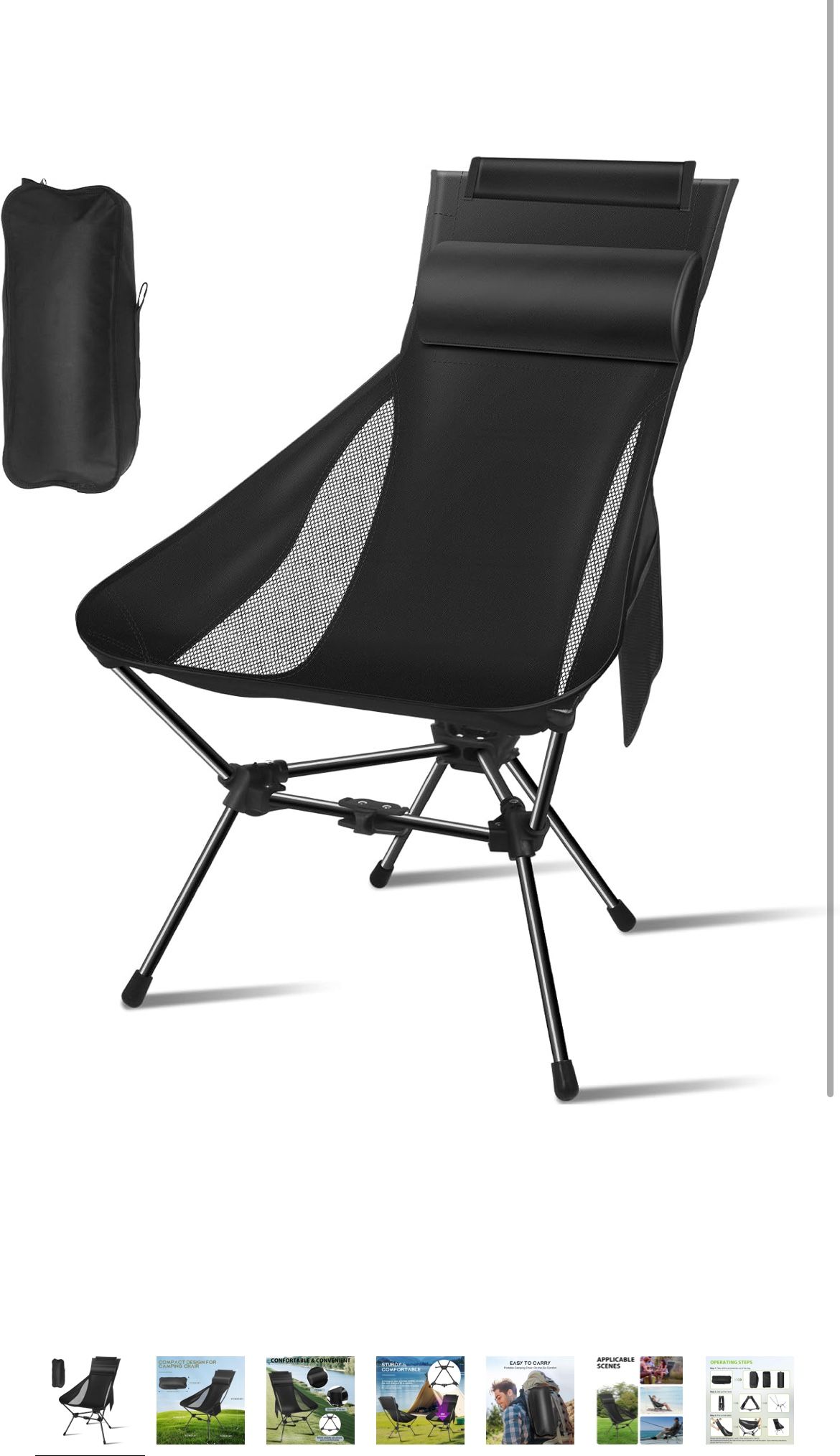 Camping Chairs, Portable Camping Chair with Headrest and Storage Bag, Lightweight Foldable Chair for Outside Camping, Hiking, Travel, Beach and Sports