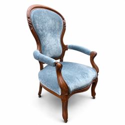 Vintage Antique Victorian Blue Crushed Velvet Parlor Chair