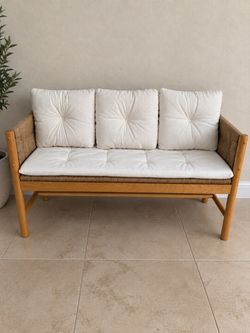 Threshold Wood & Woven Bench / Loveseat – Excellent Condition (includes cushions)