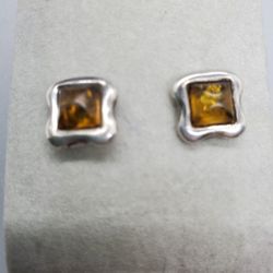 Sterling Silver 925. With Genuine Amber Stud Earrings 