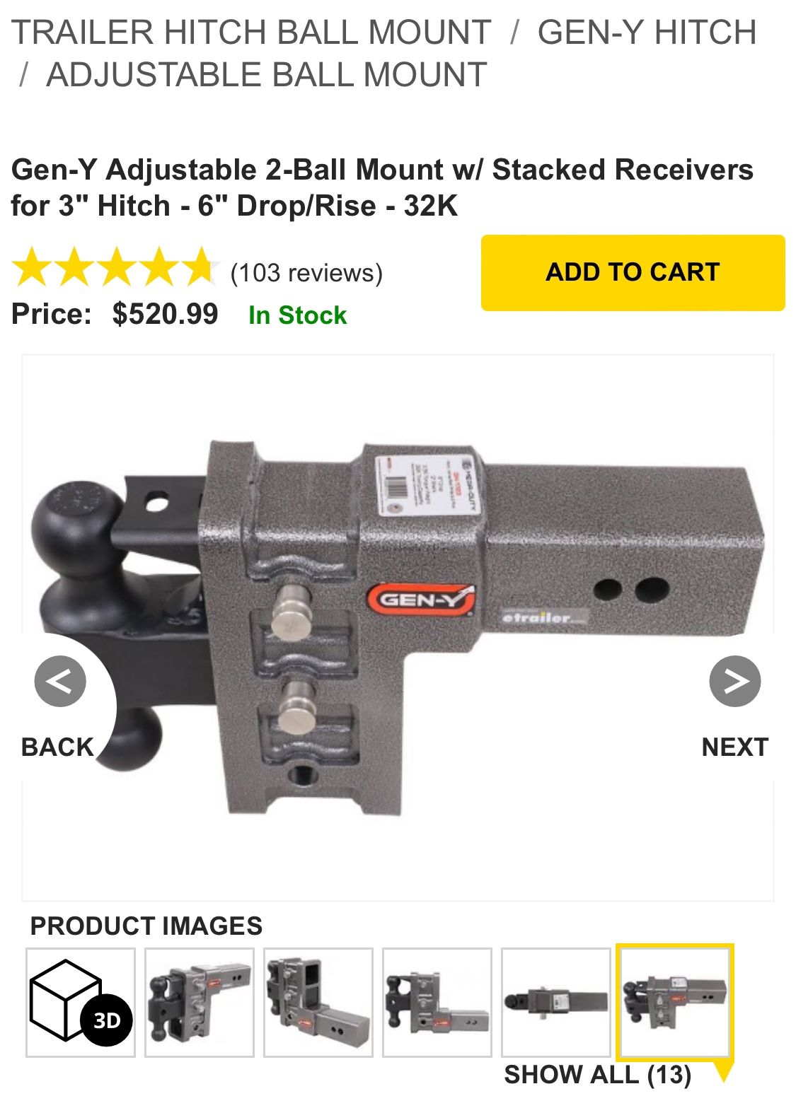 Gen-Y Adjustable 2 ball mount w pintle and 6” drop/rise stacked 3” receiver