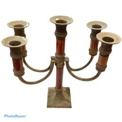 Vintage 10" Candelabra 5 Candle Stick Wood Brass