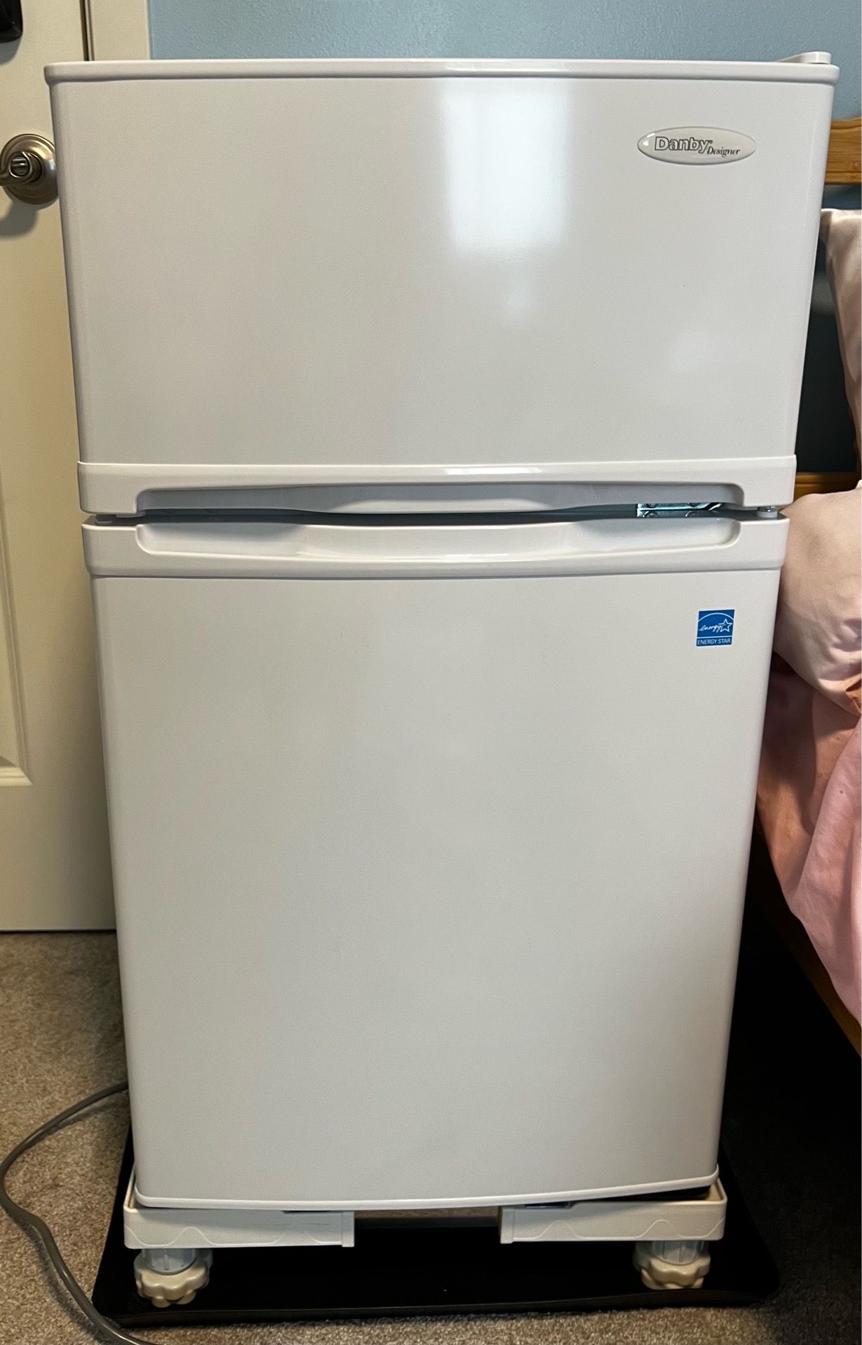 White mini fridge with freezer