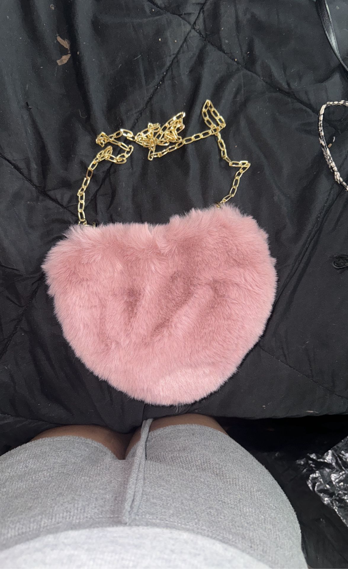 pink heart fuzzy purse