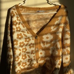 Never Worn Mustard Ivory Floral Cardigan Sweater