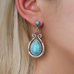 Blue Turquoise Water Drop Silver Dangle Boho Glamorous casual Earrings For Women's