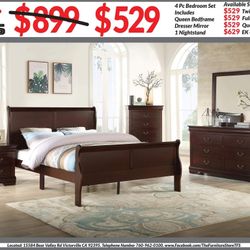 4pc Bedroom Set $529 Queen $629 Eastern King Includes bedframe Dresser mirror nightstand Cherry Bedroom Set