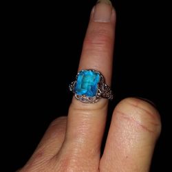Deco Style Sterling Silver Blue Topaz Glass December Birthstone Filigree Ring