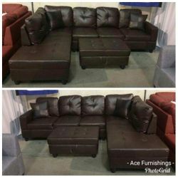 Brand New Brown Leather Sectional With Storage Ottoman & 2 Decorative Pillows