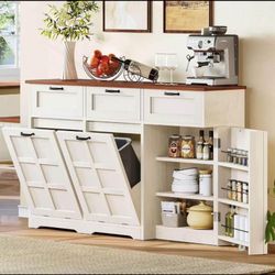 Double Trash Bin Kitchen Island with Tilt Out Trash Can Storage