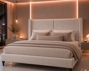 King Platform Bed with Tall Bouclé Headboard, Solid Wood Legs, Modern Luxury Design (white) NEW J-11