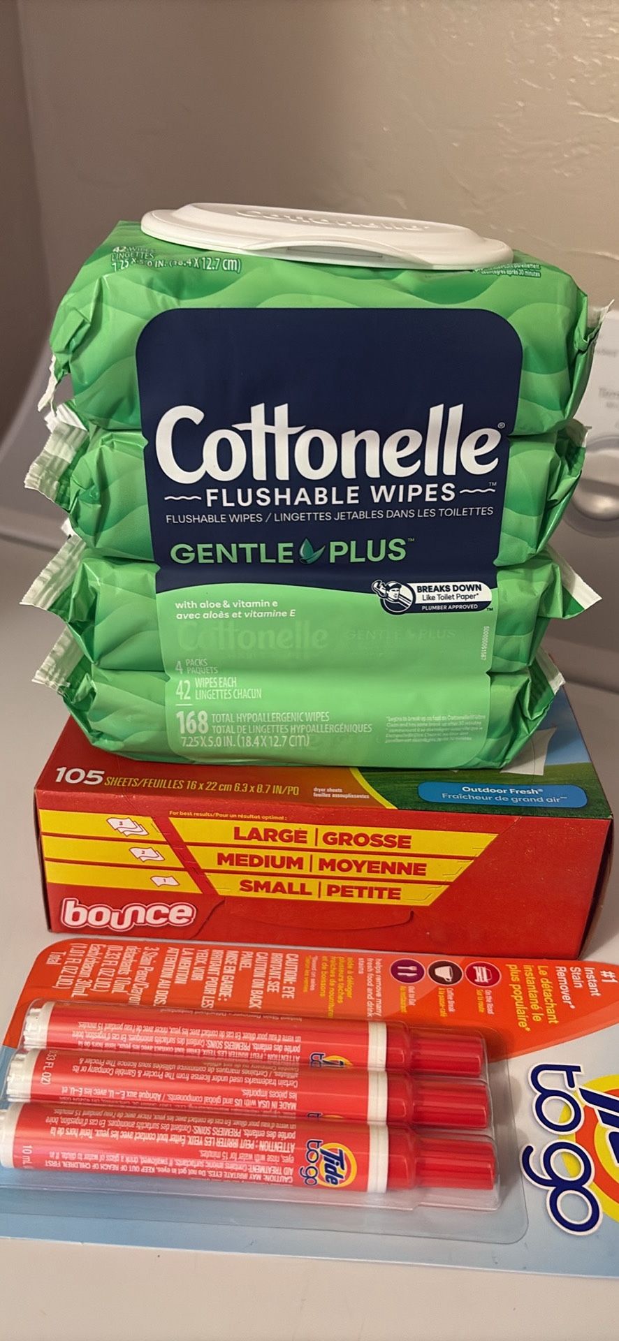 Tide Pens, Dryer Sheets, Flushable Wipes