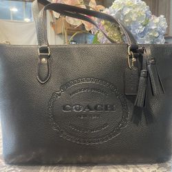 Coach Large Heritage Logo Tote , Black With Zip Top