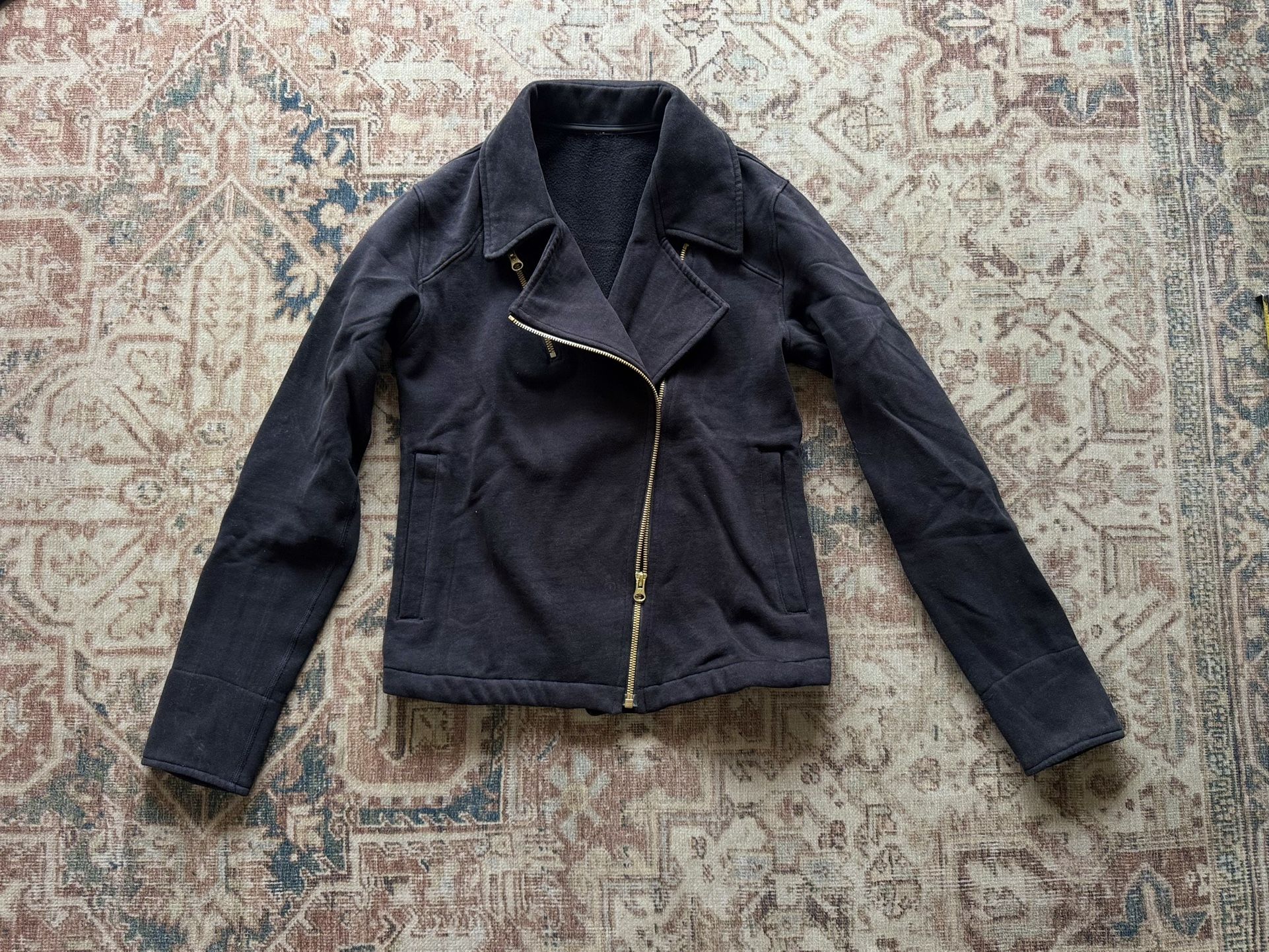 Lululemon Lab Shadow Jacket Cotton Fleece Moto Black Gold Zippers Sz 2 / Small