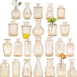 Glass Bud Vase Set of 24, Small Amber Flower Vases for Centerpieces in Bulk, Mini Vintage Vase for Wedding Decor, and Home Table Décor
